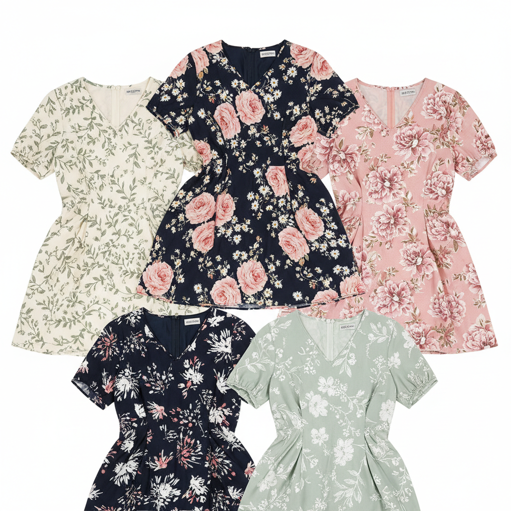 Multiple floral short sleeve dresses flat lay