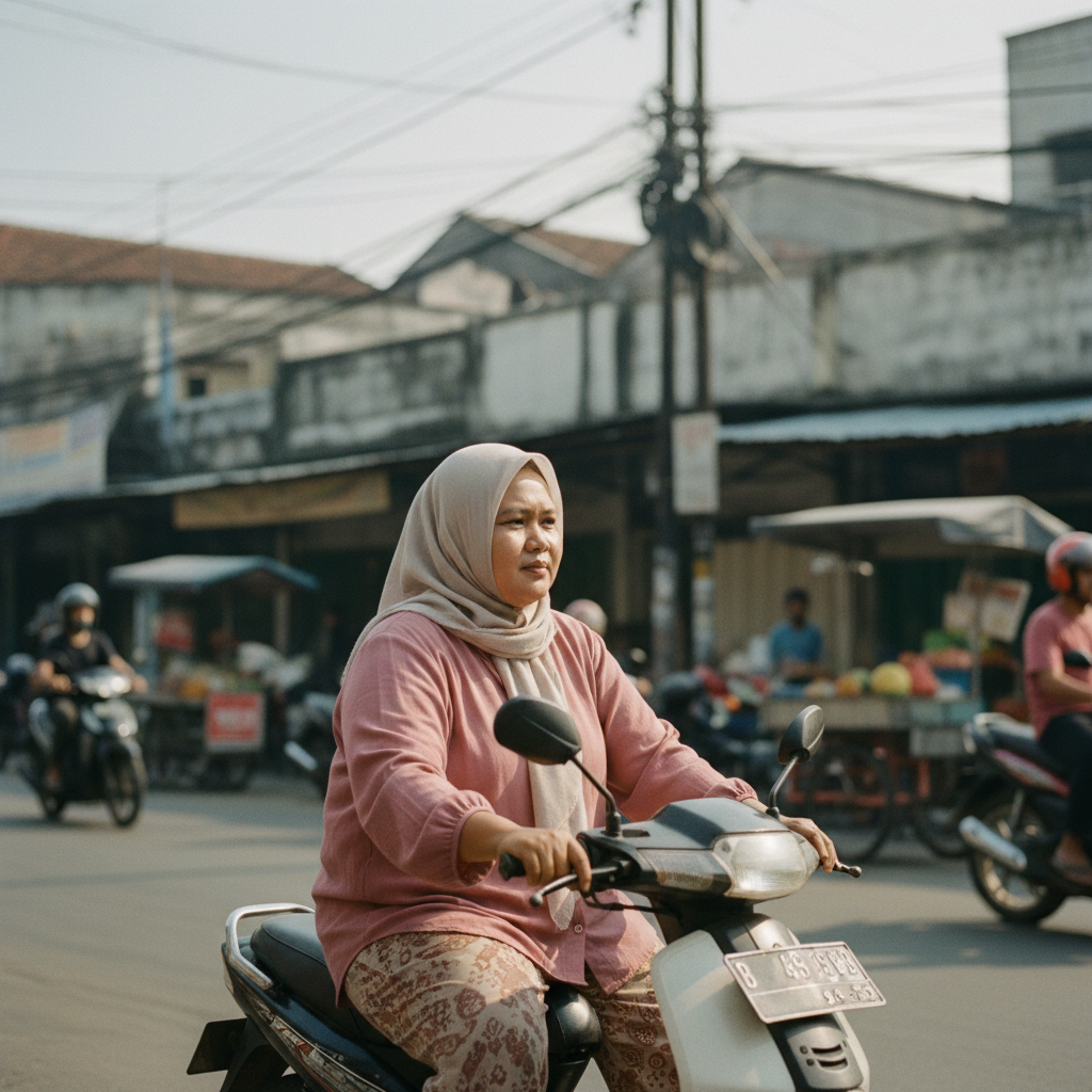 Indonesian Muslim woman pink loose blouse riding motorbike