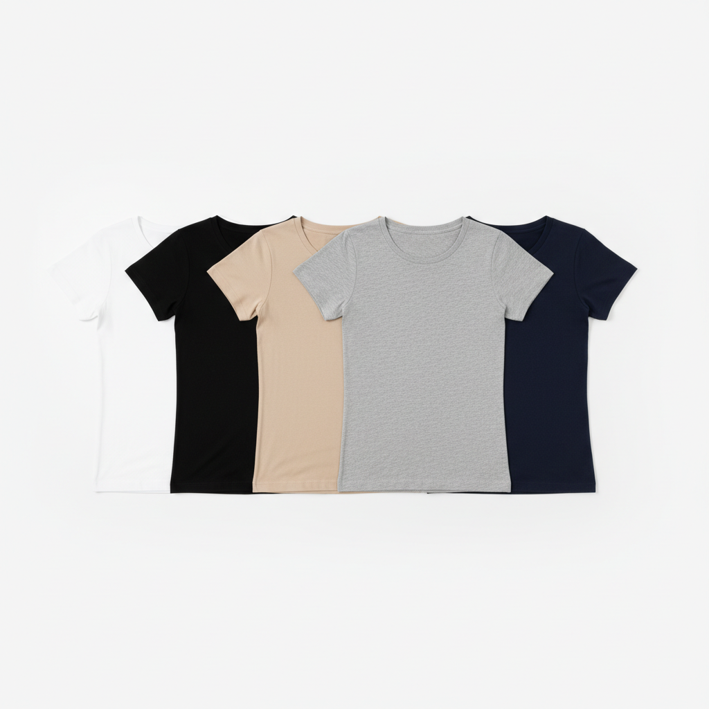 Multiple minimalist tee colors flat lay