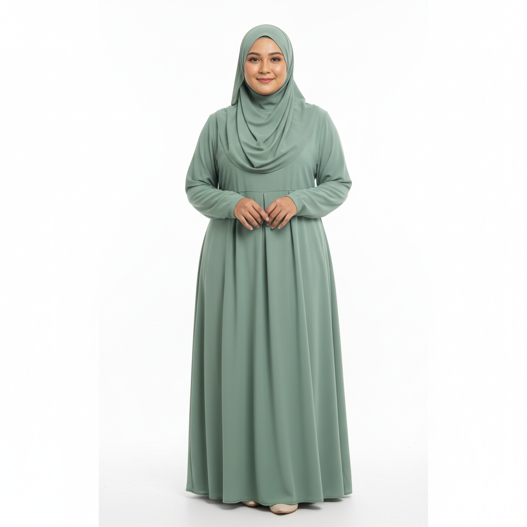 Malaysian Muslim woman sage green modest dress vacation