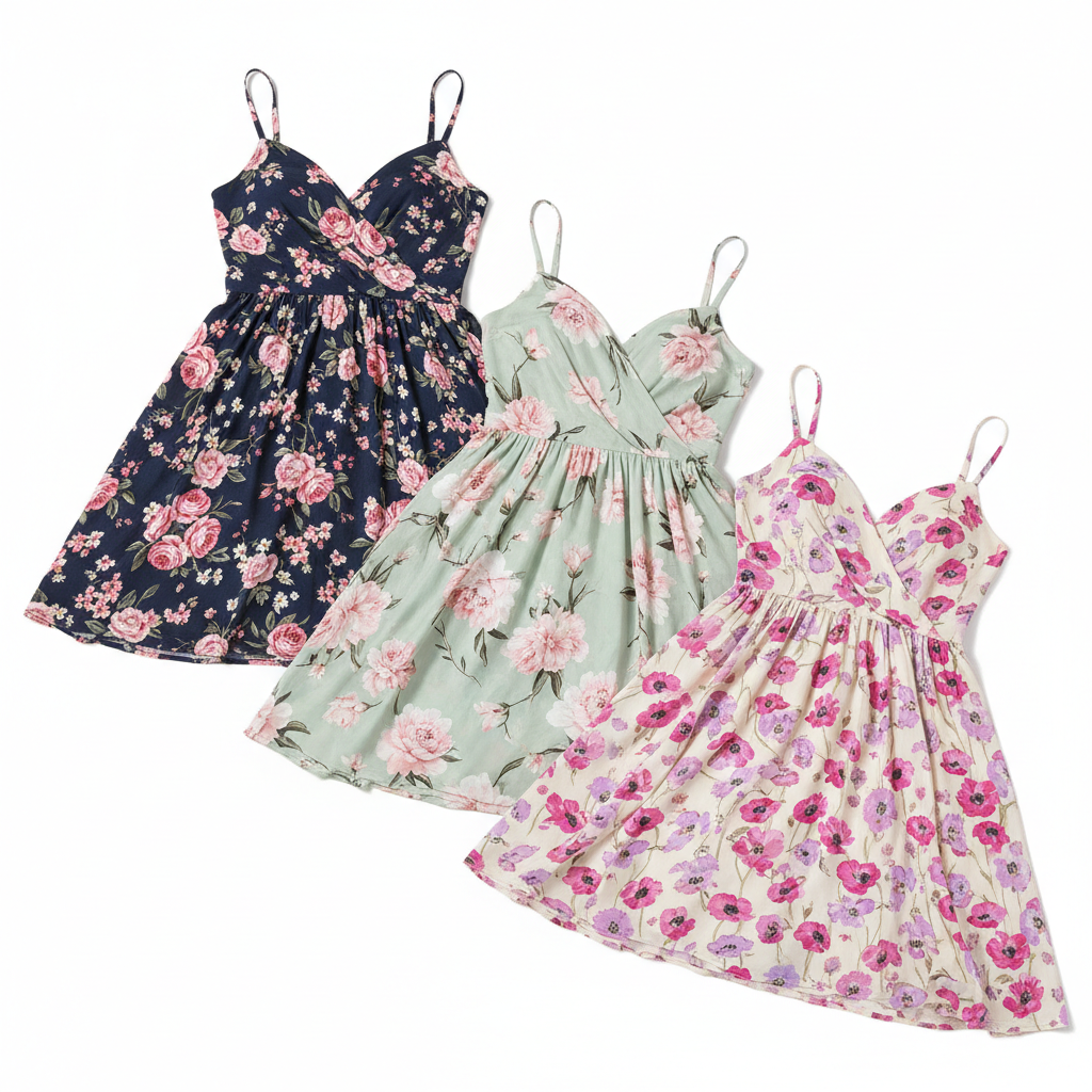 Multiple floral spaghetti strap dresses flat lay
