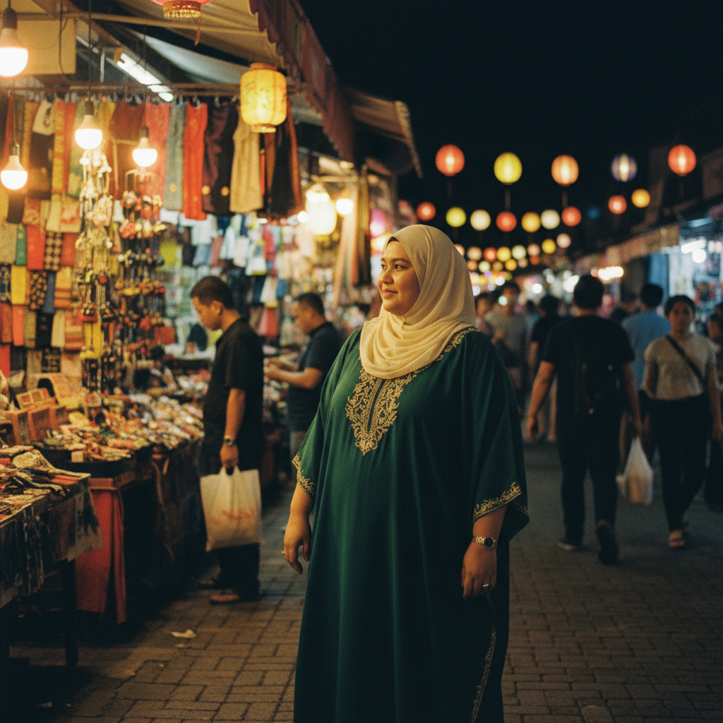 Malaysian Muslim woman emerald green kaftan at night market
