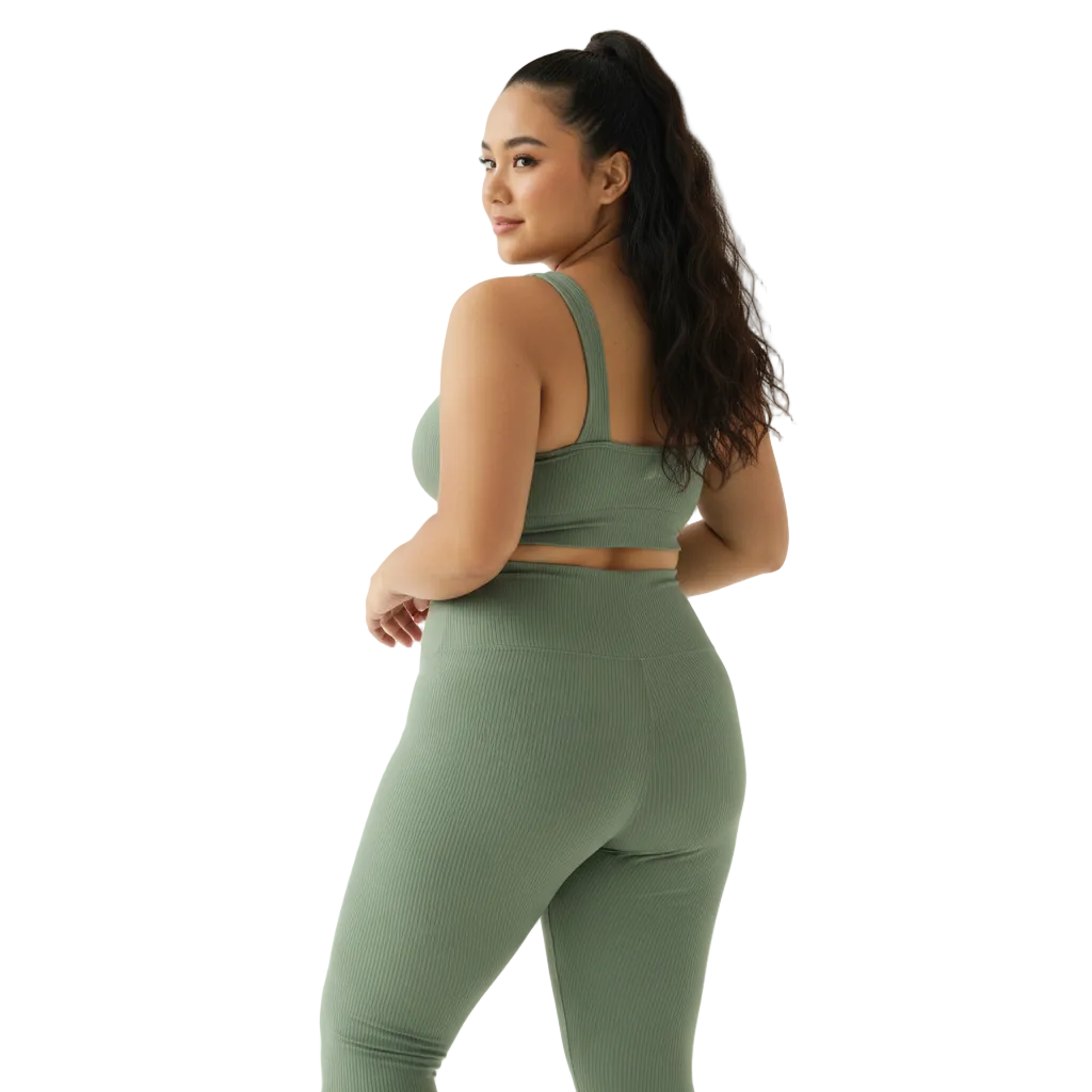 Indonesian model wearing sage green ribbed yoga leggings back view