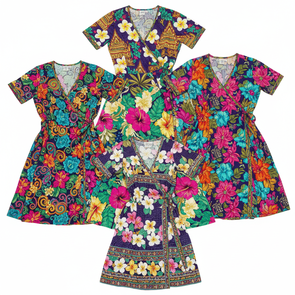Multiple plus size floral cotton dresses flat lay