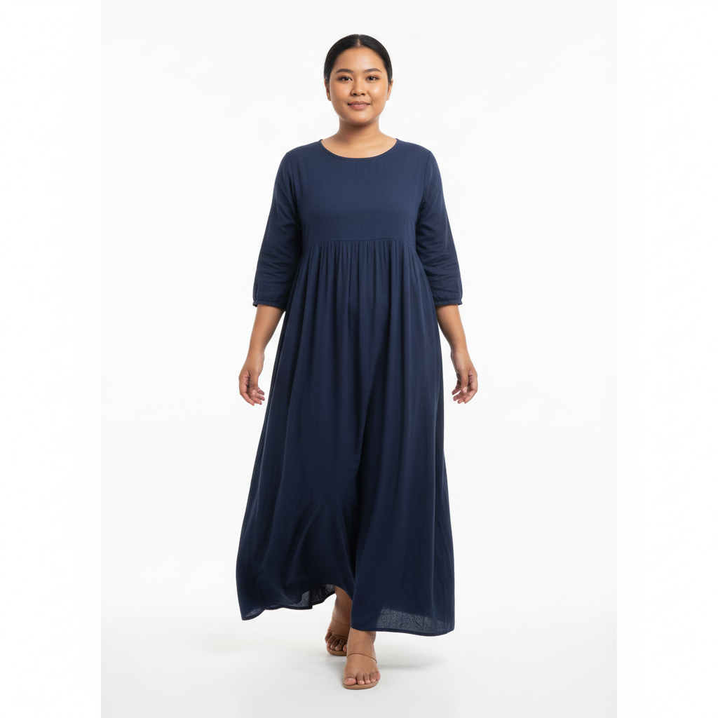 Indonesian woman navy blue maxi dress walking pose