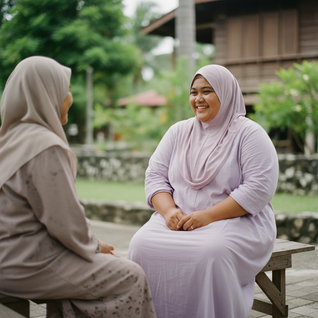 Malaysian Muslim woman lavender breathable modest dress chatting