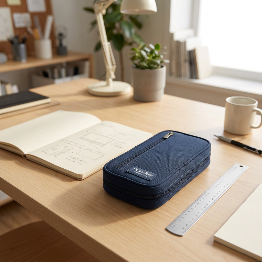 Custom canvas pen case placed beside a sketchbook on a birchwood studio desk