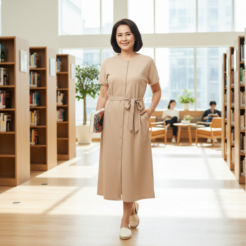 Lifestyle view of cotton blend round neck shirt dress in a sunlit bookstore