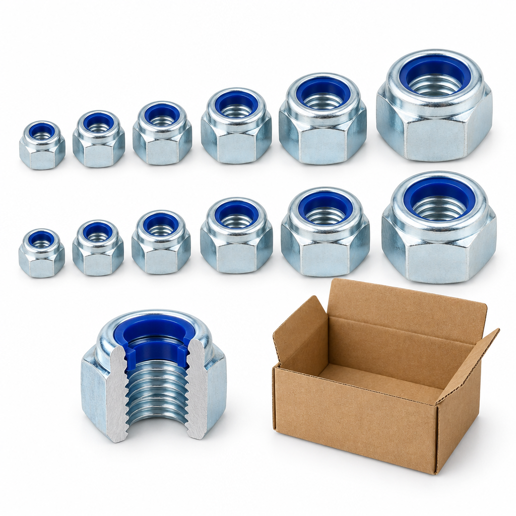 Assortment of zinc-plated metric DIN 985 nylon insert lock nuts arranged by size with a cutaway view highlighting the blue nylon locking collar on a pure white background