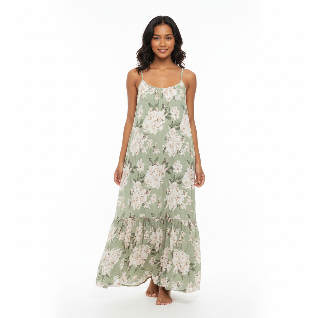 Malaysian female model sage green floral spaghetti strap dress
