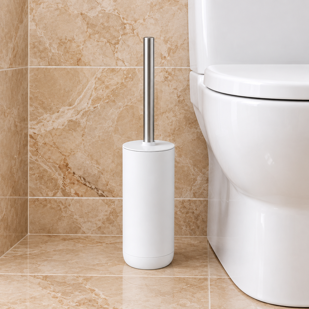 Enclosed toilet cleaning brush set with holder standing beside an ordinary toilet in an Iraq residential bathroom