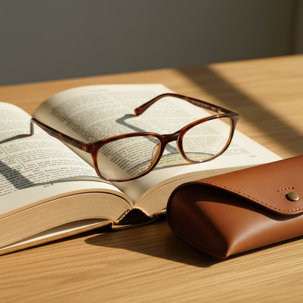 Tortoiseshell oval reading glasses on open book with leather pouch on wood table