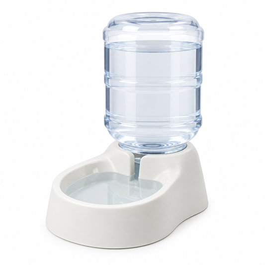 Non-electric gravity pet water dispenser with clear reservoir jug on pure white background