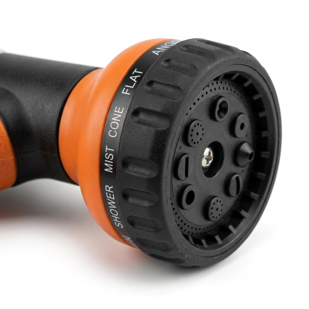 Macro close-up detail of multi-pattern hose nozzle rotating selector dial with engraved pattern names and precision spray nozzles