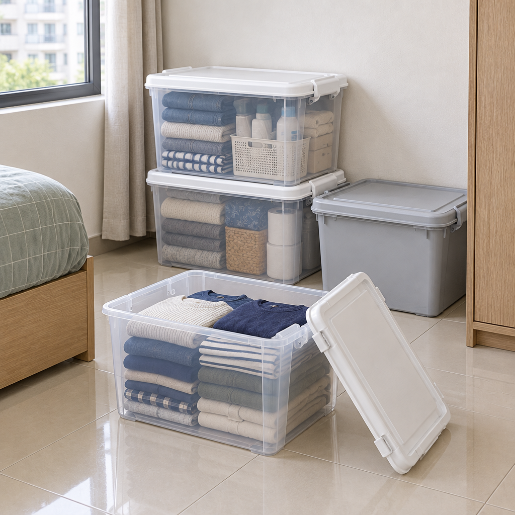 Stacked clear and gray plastic storage boxes with folded clothes and one open box in an apartment bedroom