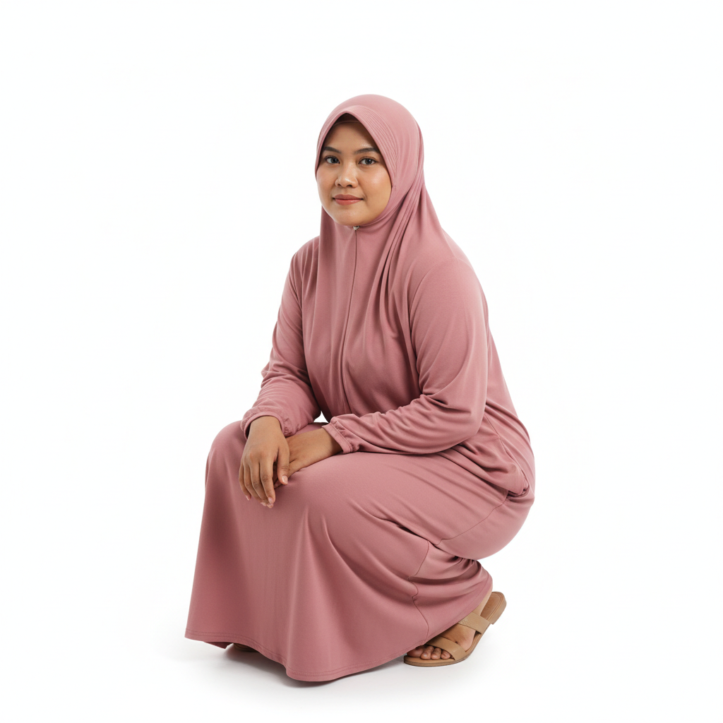 Indonesian Muslim woman pink modest dress squatting