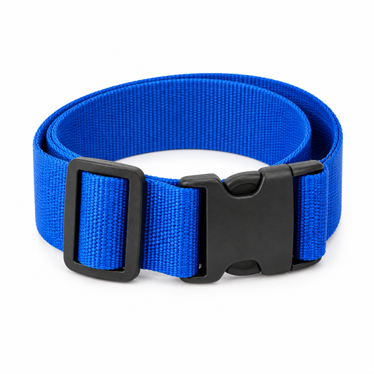 Cobalt blue adjustable luggage strap with heavy-duty quick-release buckle on white background
