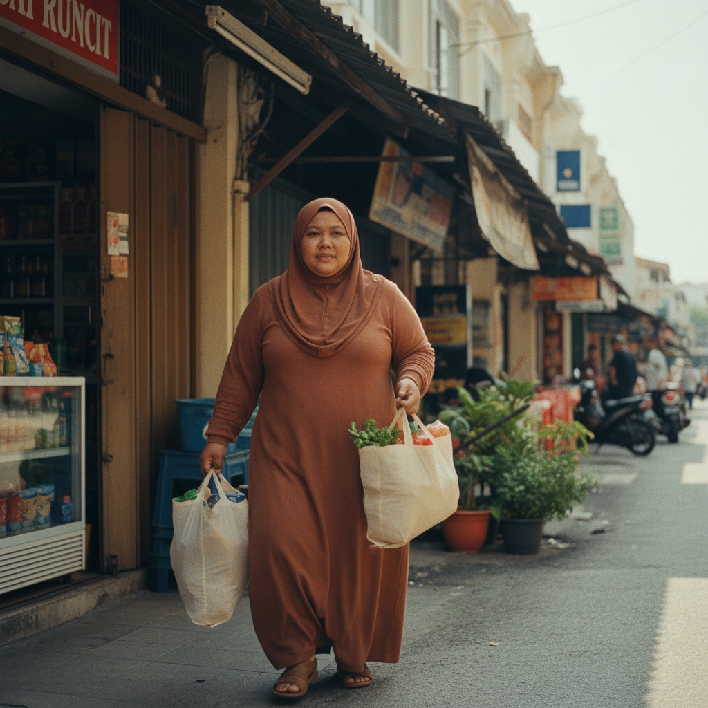 Malaysian Muslim woman terracotta long sleeve modest dress carrying groceries