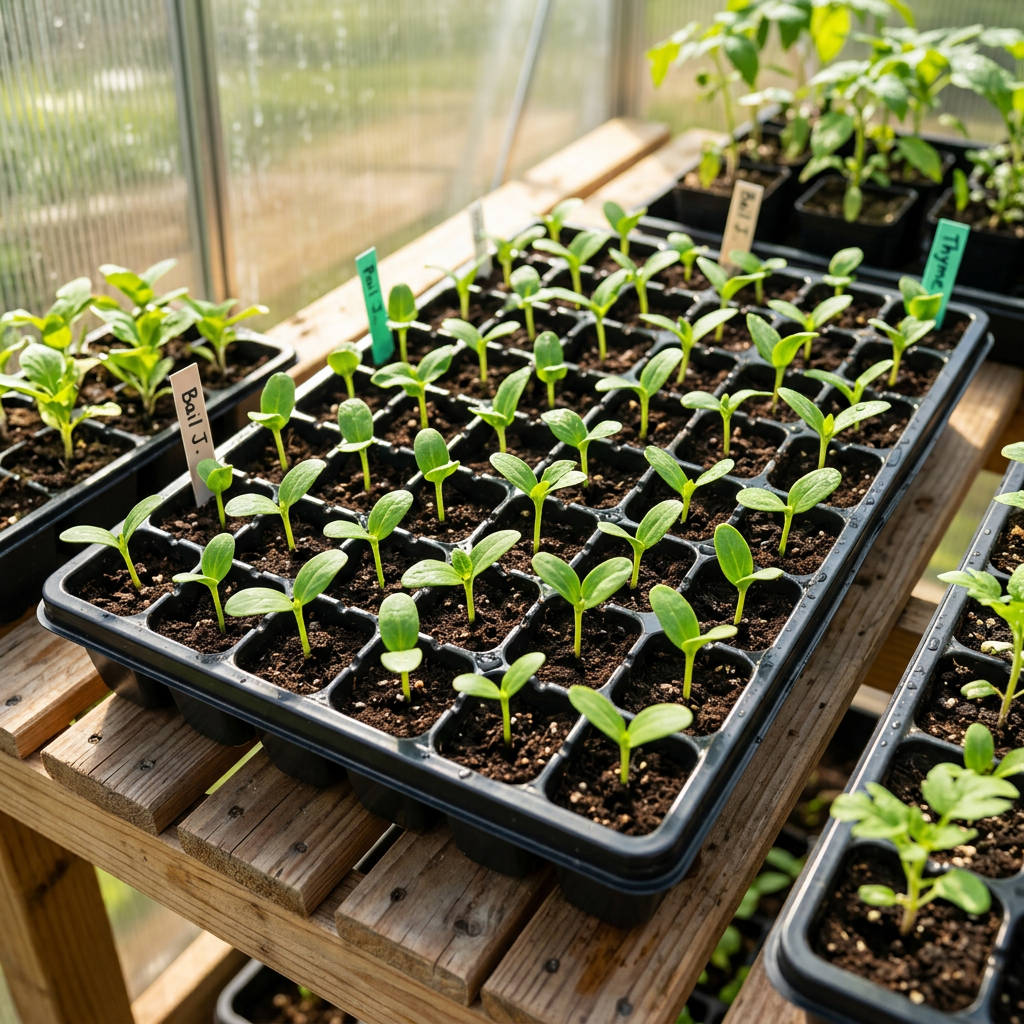 Black plastic seedling tray filled with potting soil with fresh green sprouts and seedlings flourishing on a greenhouse bench in natural sunlight