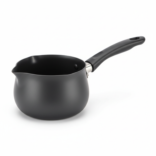Compact aluminum milk pot with pouring spout and long handle on pure white background