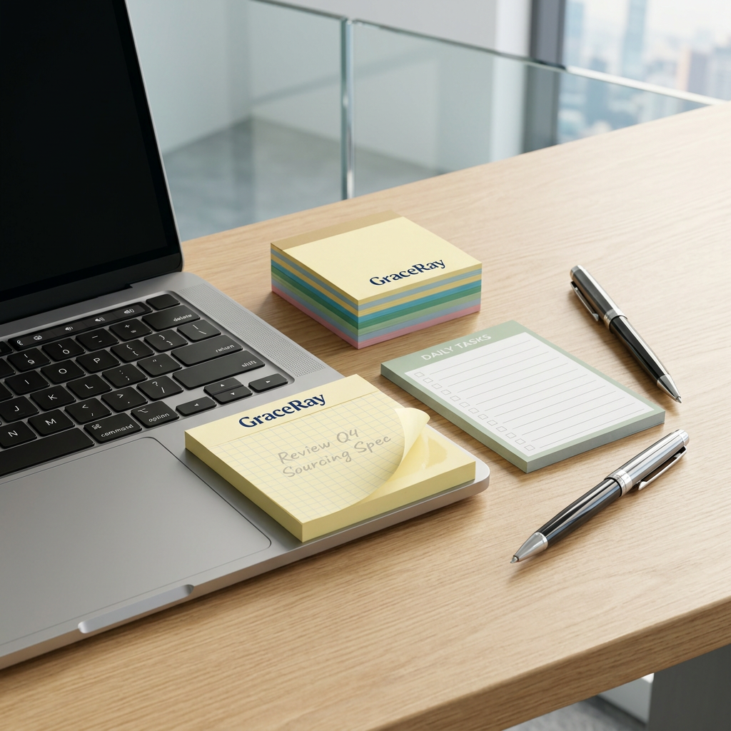 Custom sticky note pad placed beside a laptop keyboard on a tidy modern office desk