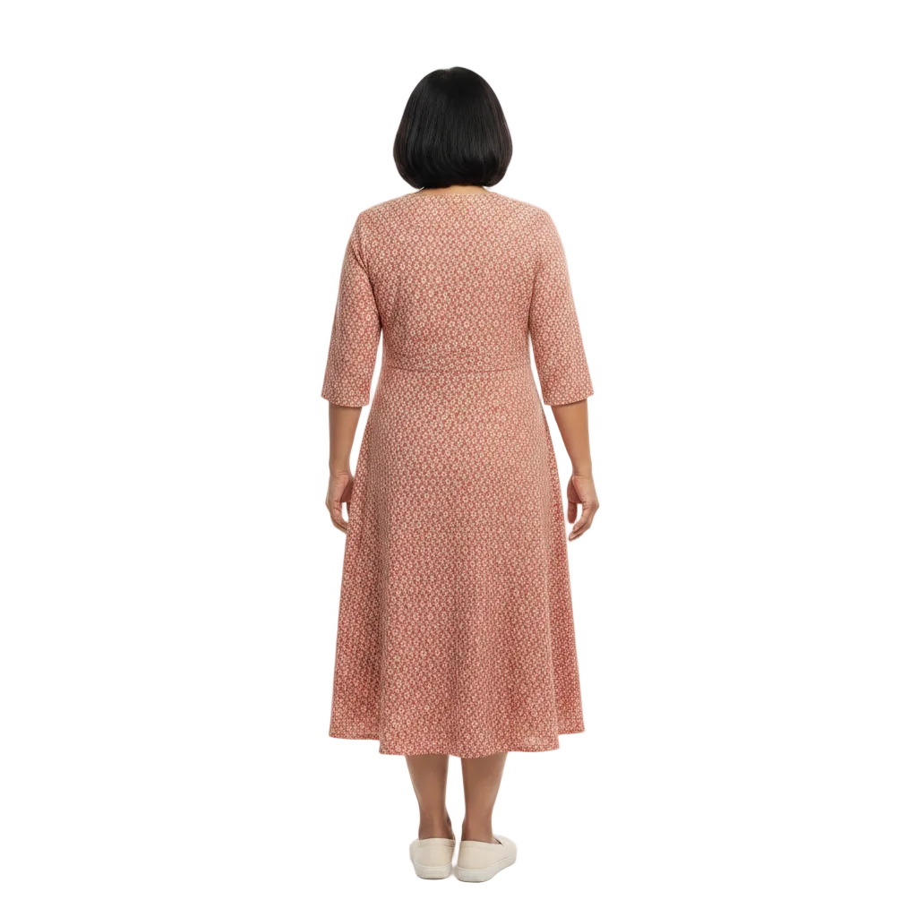 Back view of three-quarter sleeve printed A-line midi dress on white background