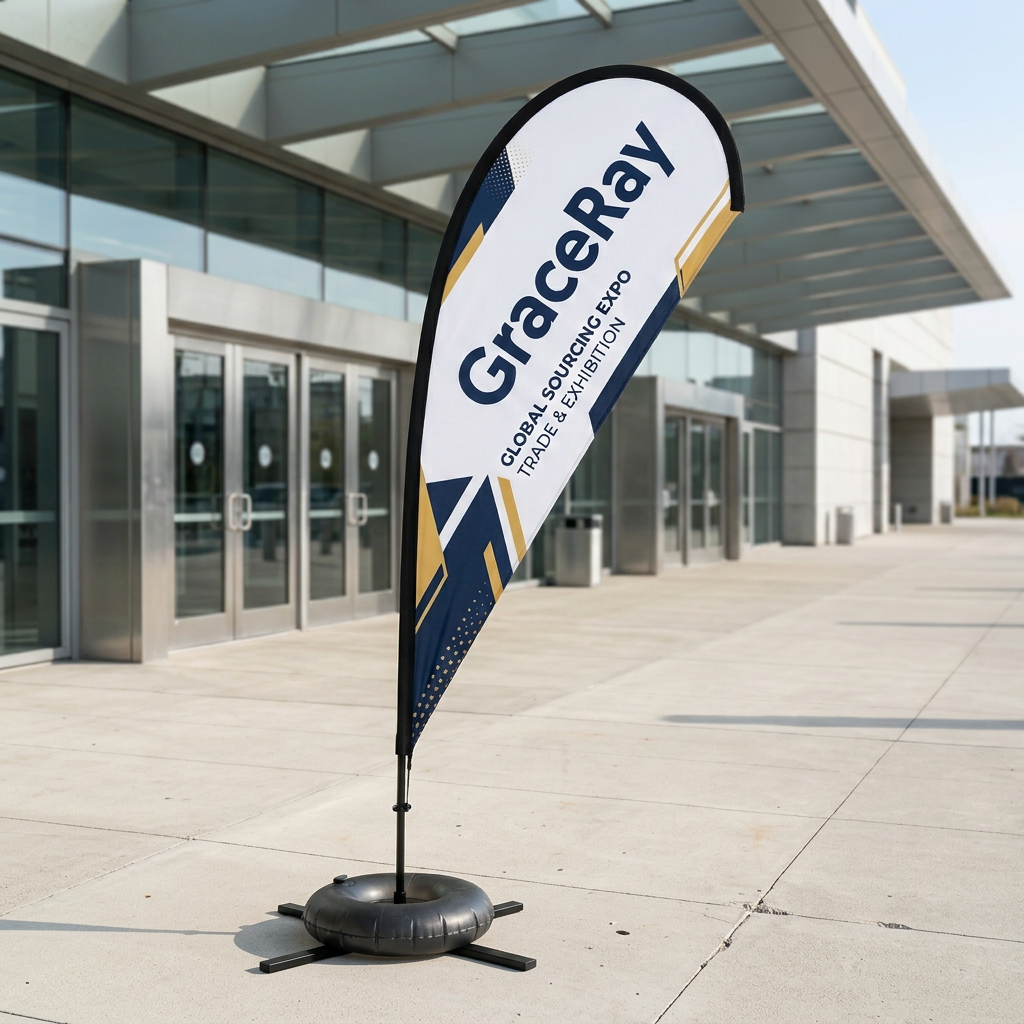 Custom teardrop flag banner standing on a paved walkway outside a trade exhibition entrance