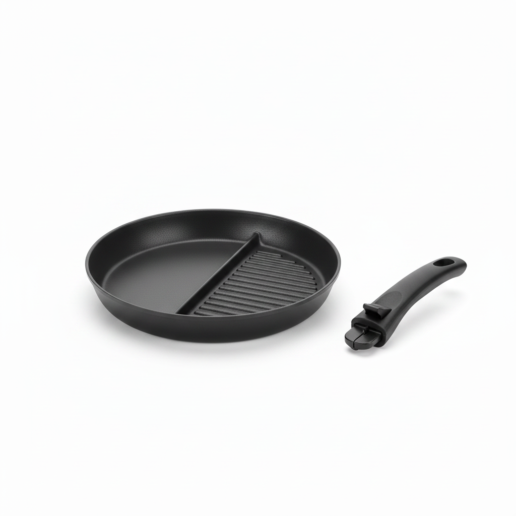 Dual-zone grill and frying pan with detachable handle removed for compact storage