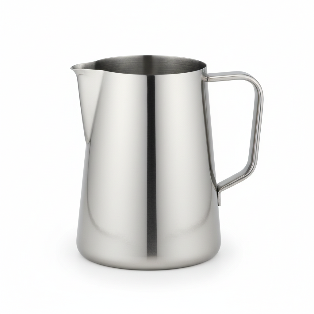 Commercial stainless steel water pitcher with ice-guard spout on pure white background
