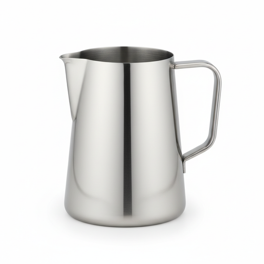 Commercial stainless steel water pitcher with ice-guard spout on pure white background