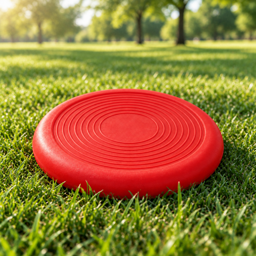 Red rubber dog flying disc resting on green lawn in open outdoor park in bright sunlight