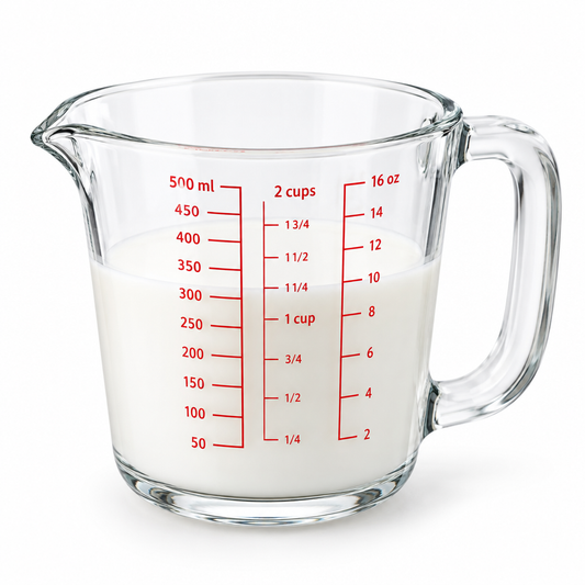 Clear glass kitchen measuring cup with red markings filled with milk on pure white background