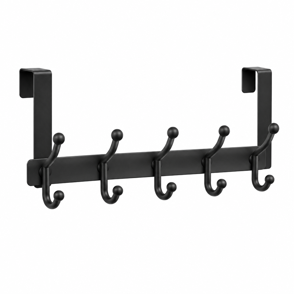 Over-door hook rack in matte black metal with five ball-tipped hooks and over-door brackets on white background