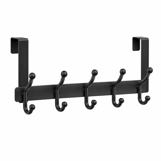 Over-door hook rack in matte black metal with five ball-tipped hooks and over-door brackets on white background