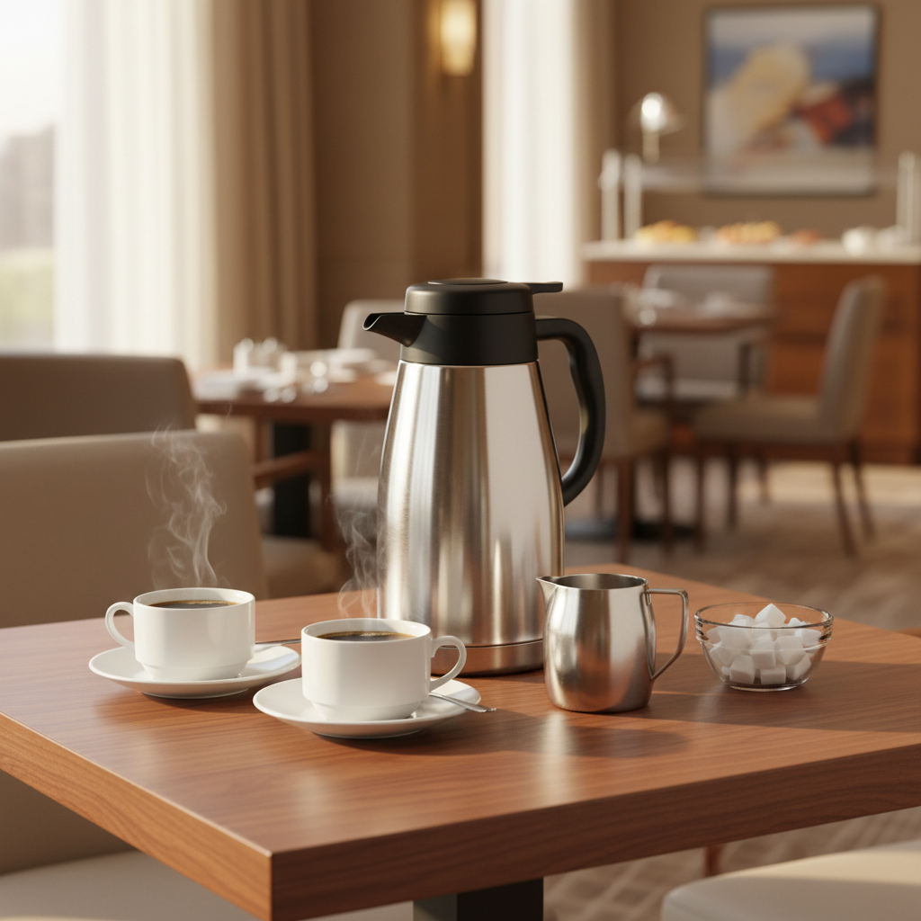 Stainless steel thermal coffee carafe on a hotel breakfast buffet table