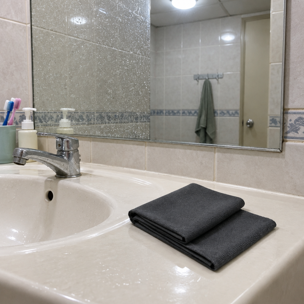 Dark gray microfiber glass cleaning cloth on bathroom sink counter in front of wall mirror