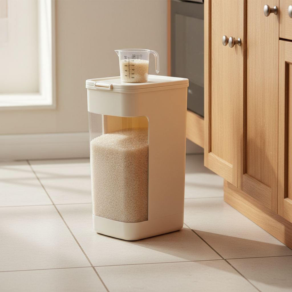 Rice storage container with measuring cup beside a kitchen cabinet on tile floor