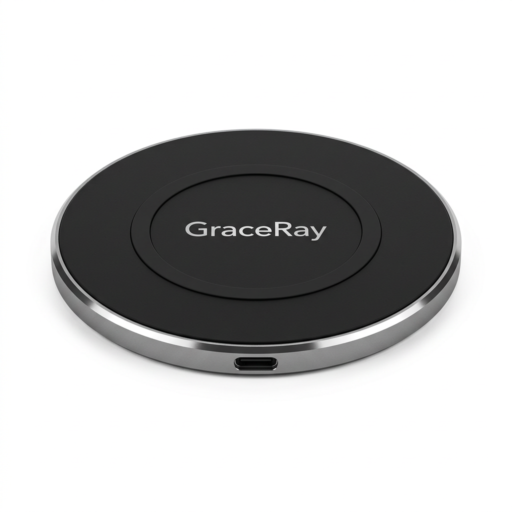Custom logo wireless charging pad with a compatible smartphone positioned on its charging surface.