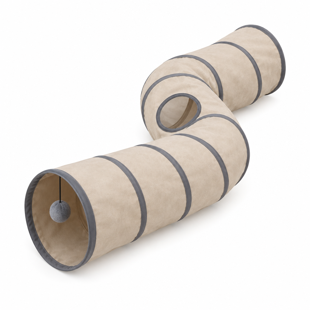 Collapsible pop-up cat play tunnel with center peek hole and dangling plush ball on pure white background
