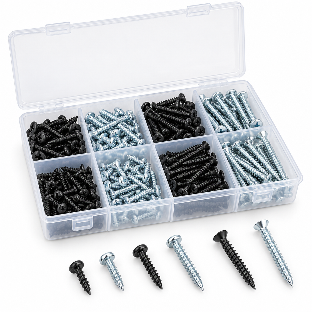Assortment of black phosphate and zinc-plated carbon steel self-tapping screws in a transparent multi-compartment hardware organizer box on a pure white background