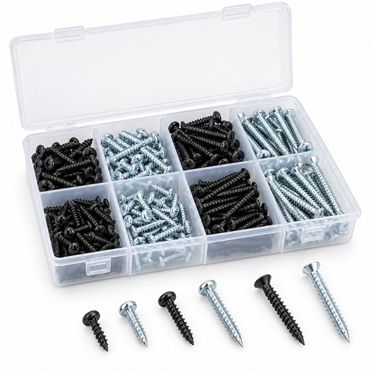 Assortment of black phosphate and zinc-plated carbon steel self-tapping screws in a transparent multi-compartment hardware organizer box on a pure white background