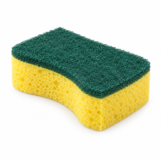 Dual-sided household cleaning sponge with yellow porous cellulose base and green abrasive scouring pad on white background