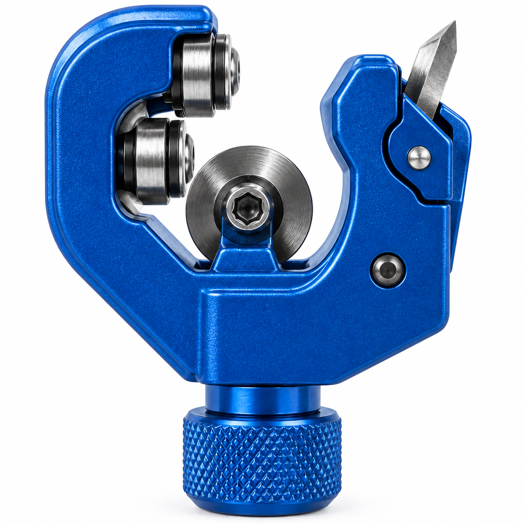 Macro close-up of compact tubing cutter head showing cutting wheel, grooved rollers, fold-out deburring reamer blade, and knurled knob