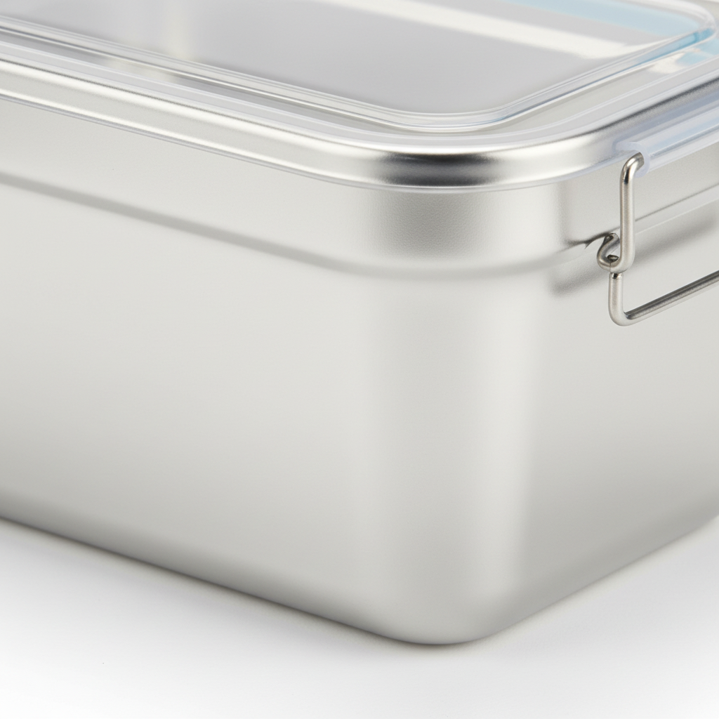 Close-up macro of brushed satin stainless steel finish and latch mechanism on pure white background