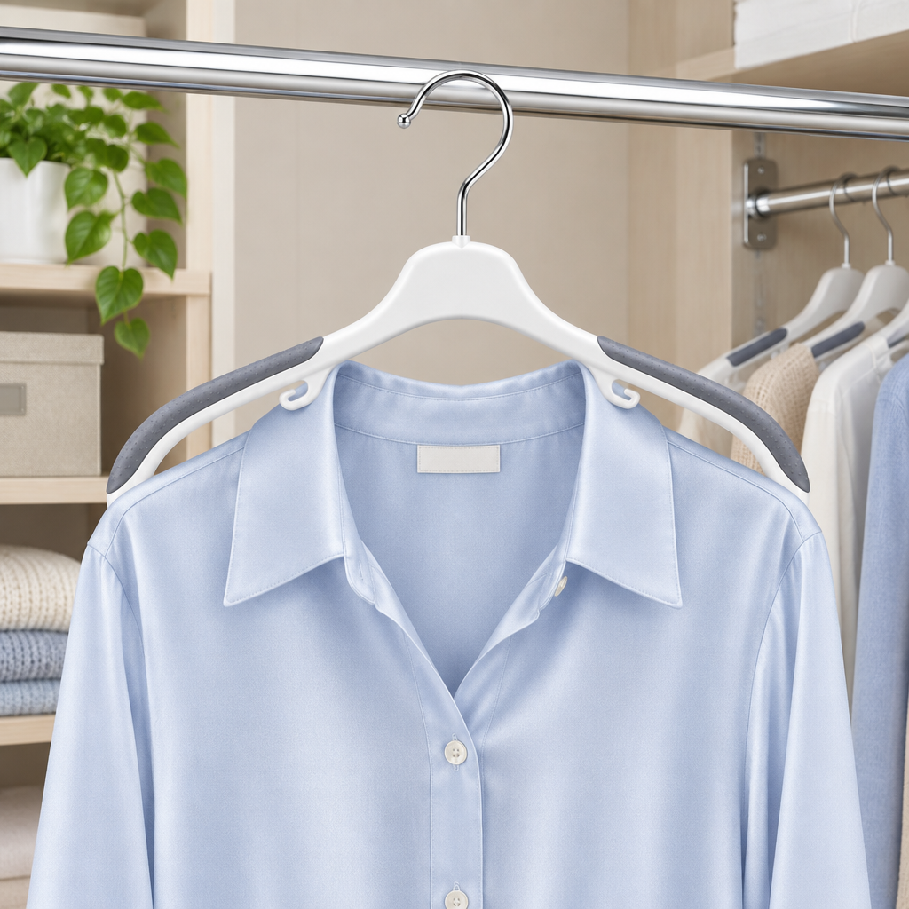 Non-slip clothes hanger securely holding lightweight pastel silk shirt in wardrobe