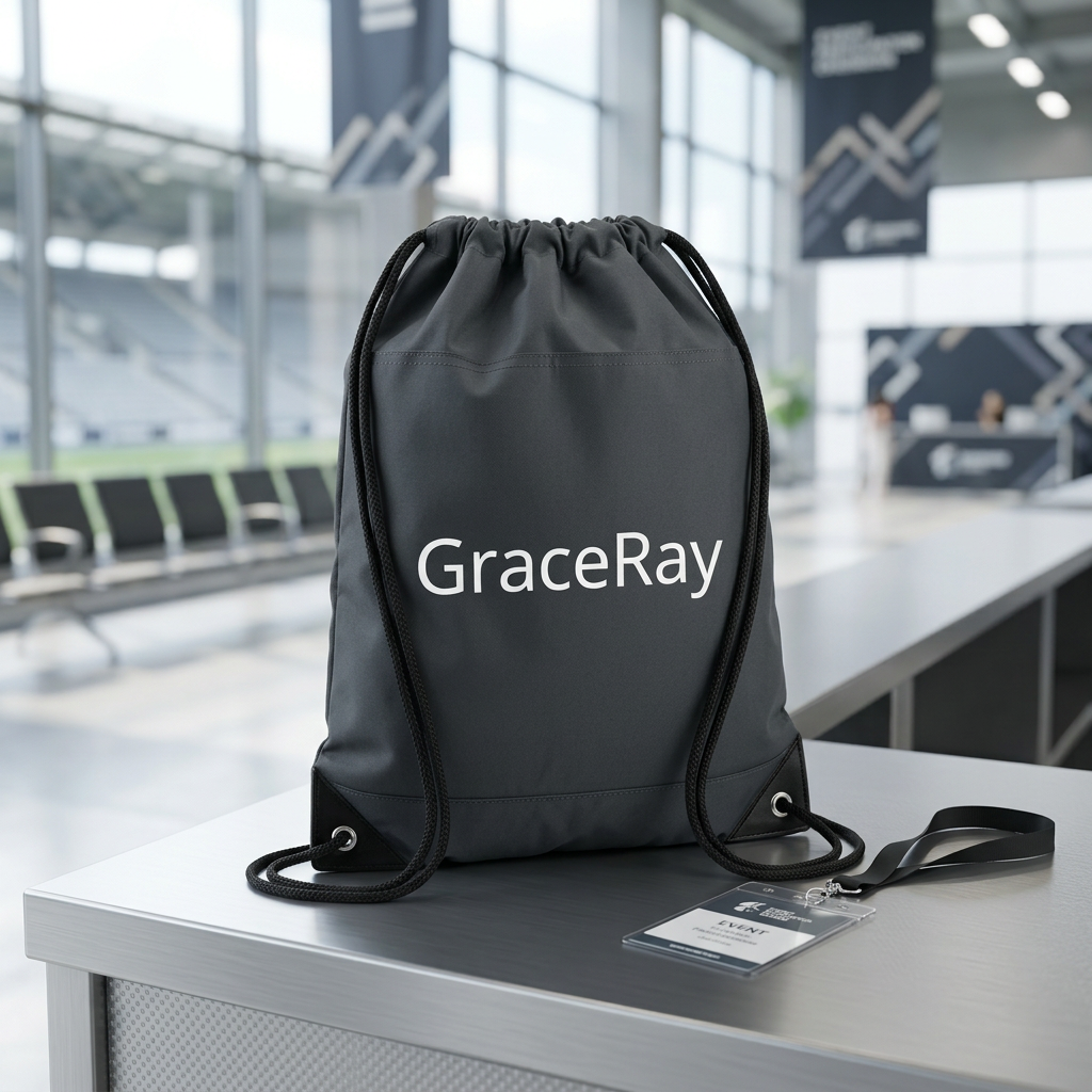 Custom promotional drawstring cinch bag resting at an event check-in registration table beside an event lanyard