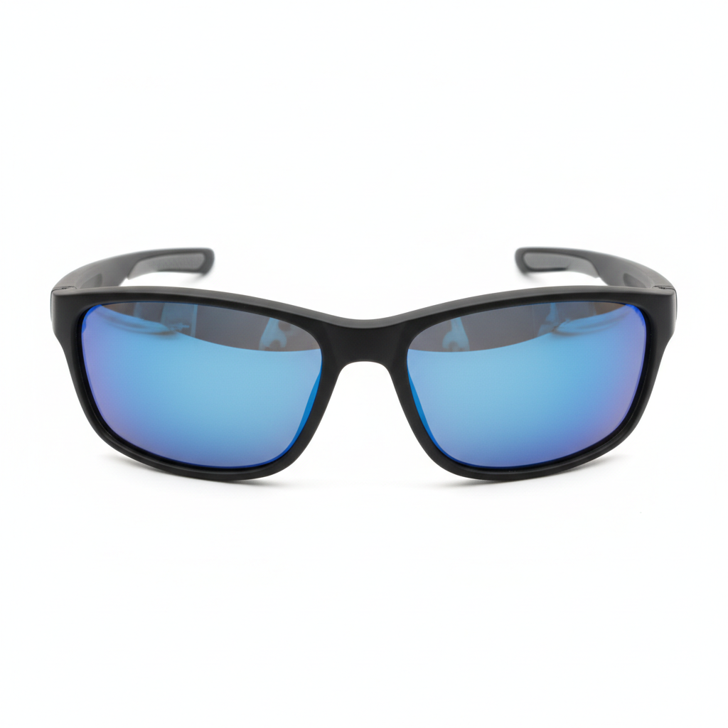 Polarized fishing and outdoor sports glasses with blue mirrored lenses on white background