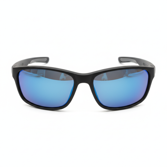 Polarized fishing and outdoor sports glasses with blue mirrored lenses on white background