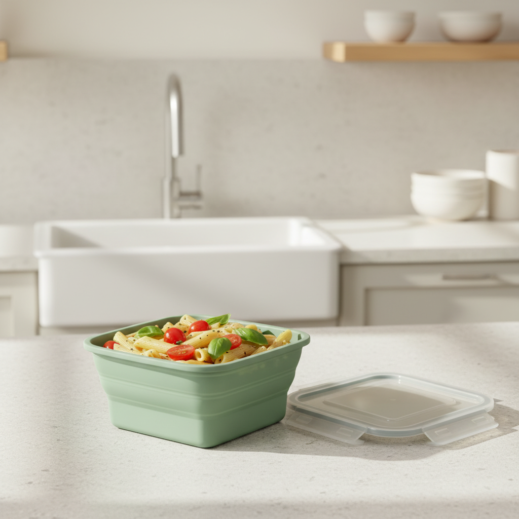 Silicone food storage container holding fresh pasta salad on modern kitchen countertop