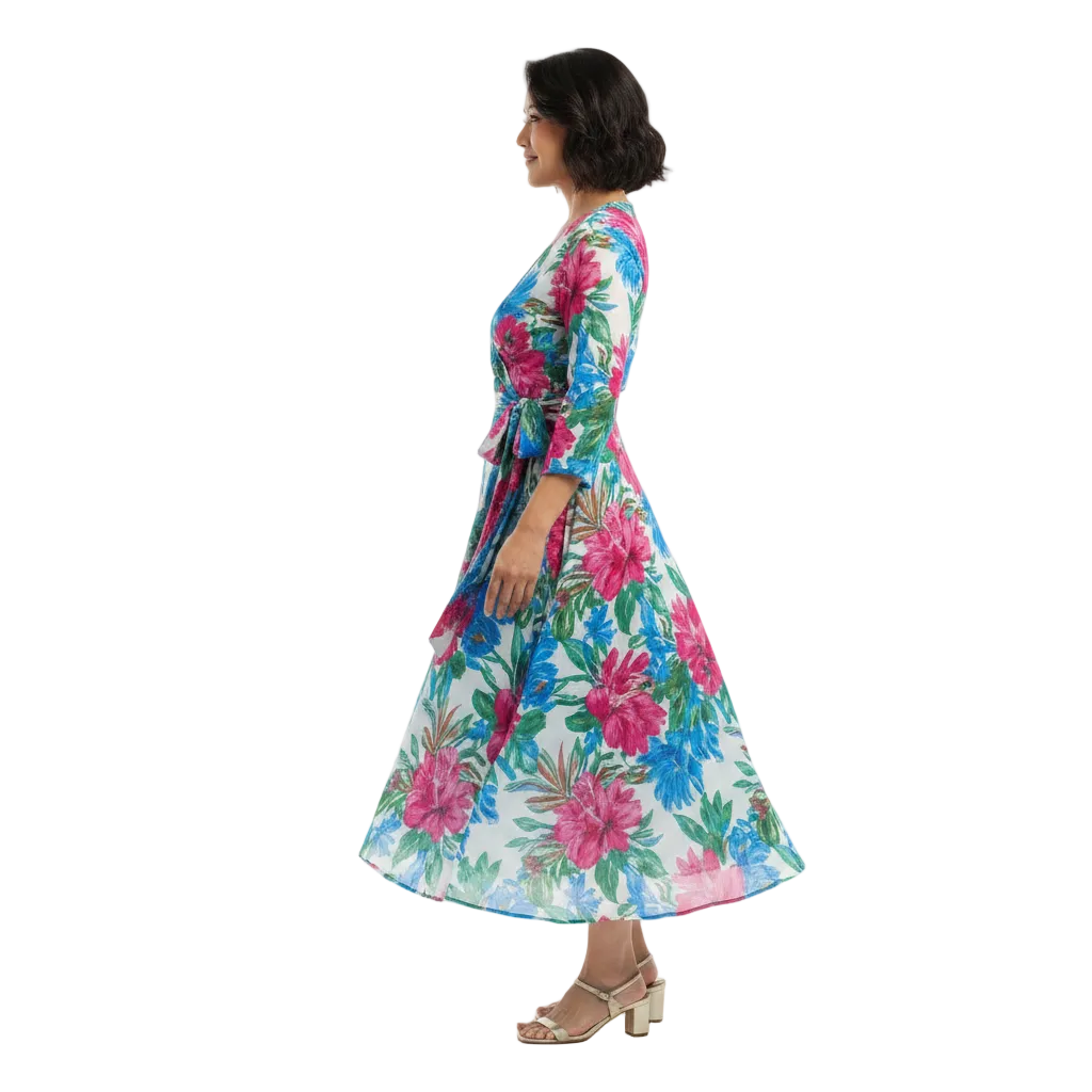 Women’s Wrap Midi Dress with Adjustable Waist Tie